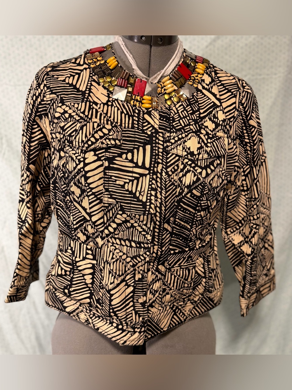 Ruby Rd. Black & Cream Geometric button up Front Blazer
